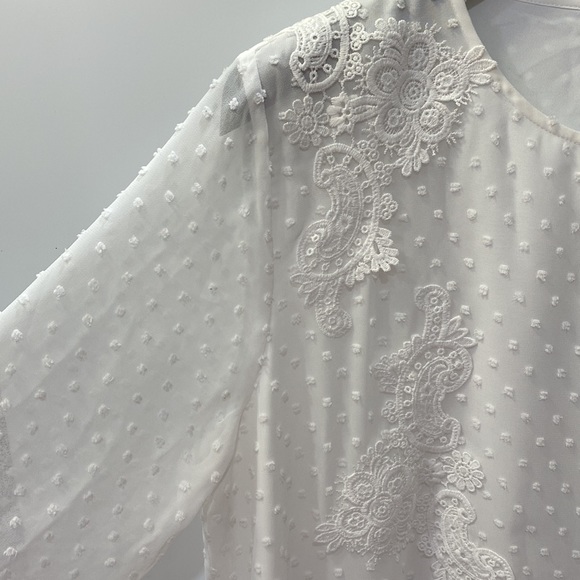 NWOT. I BLUES White dress with long sleeve embroidery Clip Dot Chiffon - Picture 9 of 16